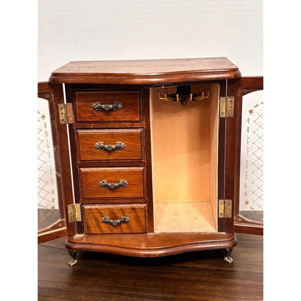 Vintage Wood Jewelry Armoire Glass Etched Doors Rotating Carousel Claw Feet
